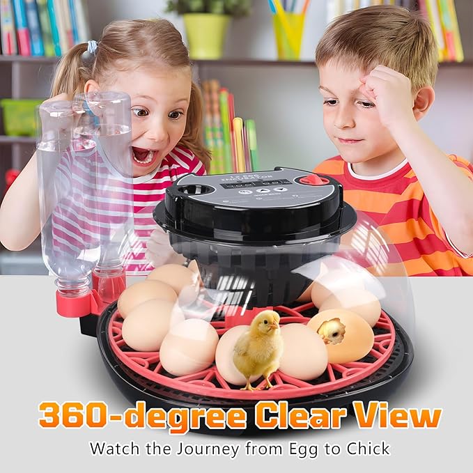 12-Egg Incubator, Automatic Egg Turning Function, Humidity Control, External Water Bottle for Watering, 360° Observation, Suitable for Chickens, Ducks, Geese, and Quails