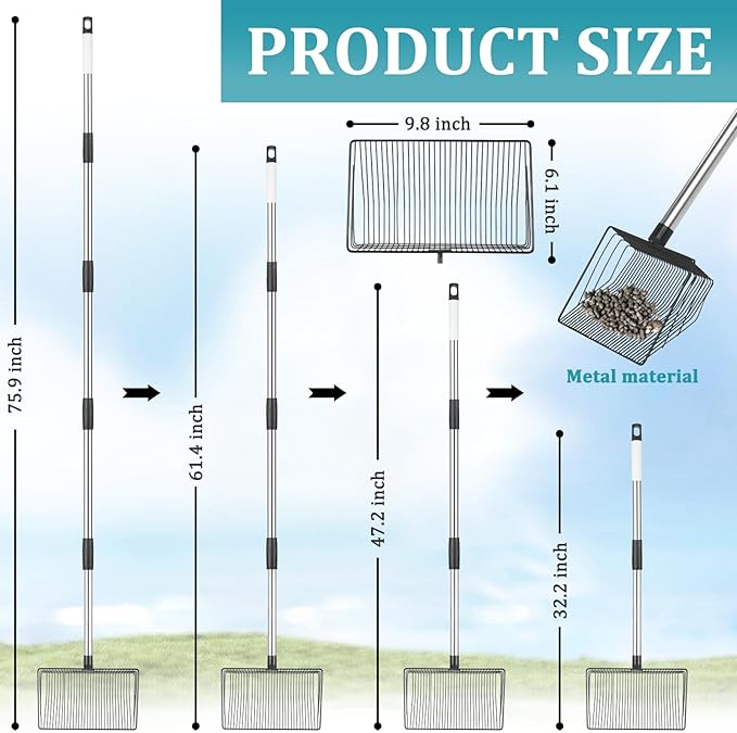 10-inch Heavy-Duty Metal Chicken Dung Scoop, 32 to 76" Long Chicken Coop Mucking Shovel with Stainless Steel Handle, 5-in-1 All-in-One Multifunctional Litter Sifting Tool for Chicken Coop Essentials