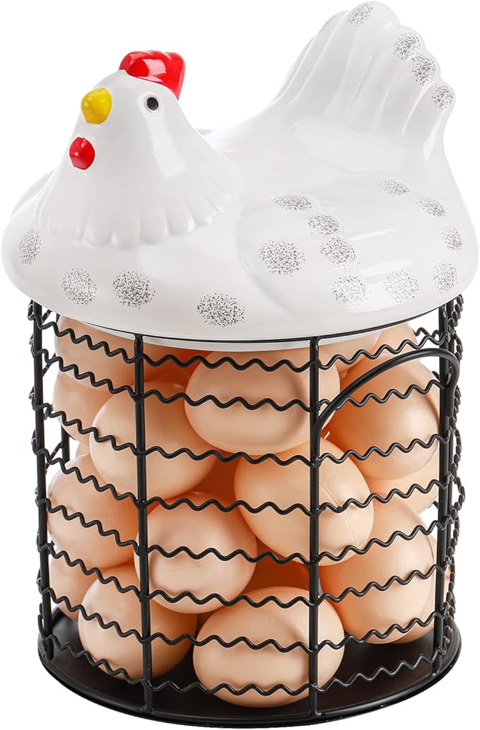 Hiceeden Metal Wire Chicken Egg Storage Basket, Decorative Fresh Egg Holder with Ceramic Chicken Design Lid, Portable Round Collectiong Basket for Kitchen Supplies, Pantry