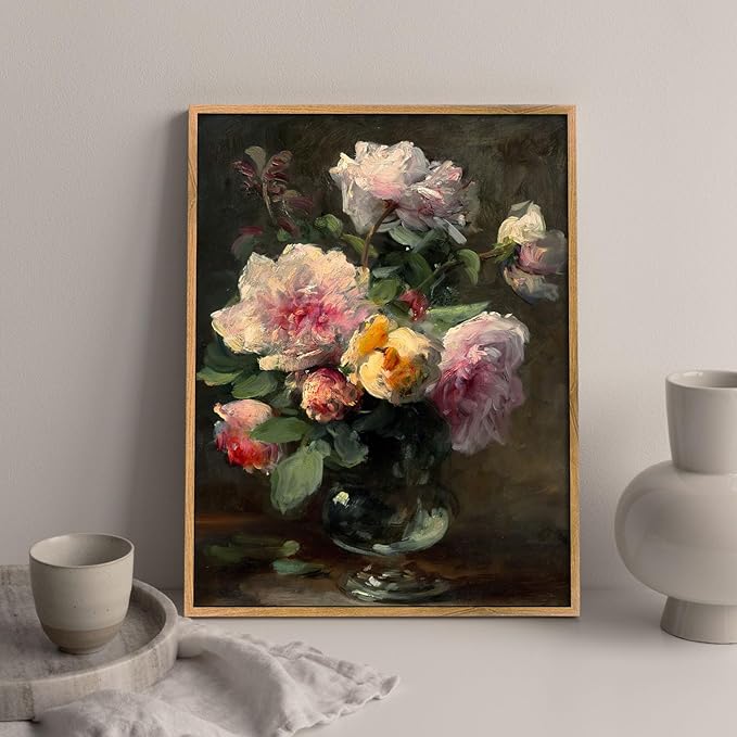 Vintage Flower Pictures Pink White Floral Paintings Flowers in Vase Wall Art Blooming Flowers Poster Antique Still Life Painting Pink Yellow Flower Artwork Pink Rose Canvas Wall Art 8x10inch Framed