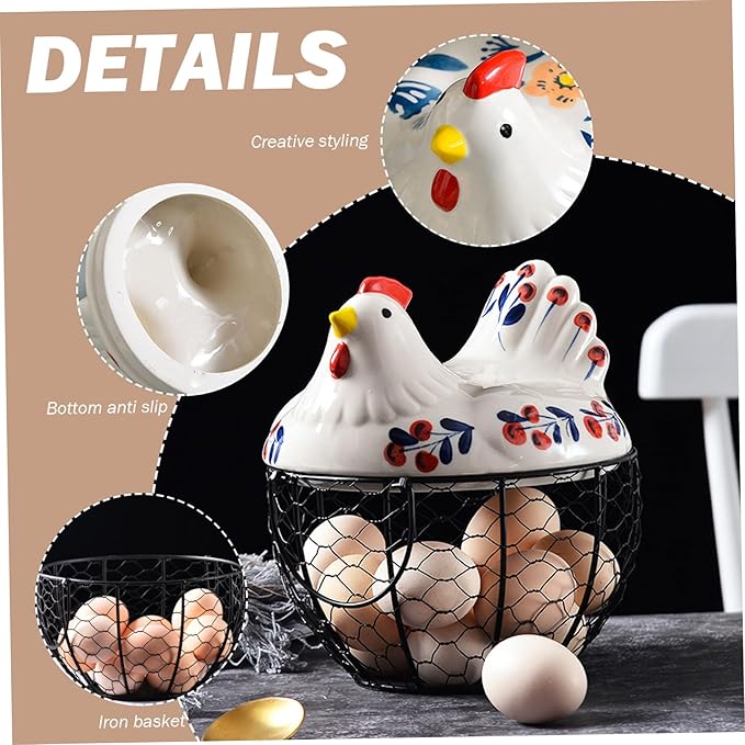 Gcroet Ceramic Egg Holder, Hollow-Out Wire Chicken Egg Holder with Chicken Shaped Lid, Non Slip Basket Countertop with Handle for Gathering Fresh Eggs...