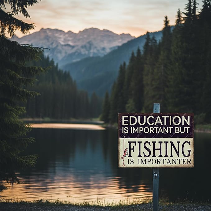 Funny Education Is Important But Fishing Is Importanter Metal Tin Sign Retro Sign Wall Decor for Lake House Outside Yard Home Kitchen 12×8 Inch