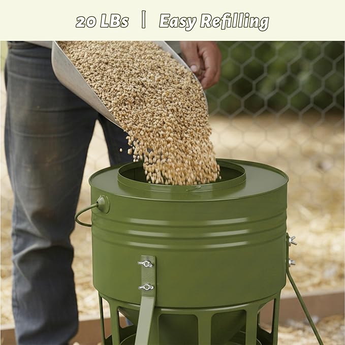 KOL Metal Chicken Feeder - 20lbs No Waste Chicken Feeder with 12 Ports, Powder Coated Rust-Proof Design & Smooth Edges for Safe Feeding (Avocado Green)