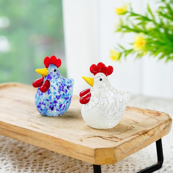 H&D HYALINE & DORA Blown Glass Chicken Figurines Set of 2 Handmade Art Glass Rooster Figurine Crystal Animal Figurine Collectible for Home Decoration Ornament