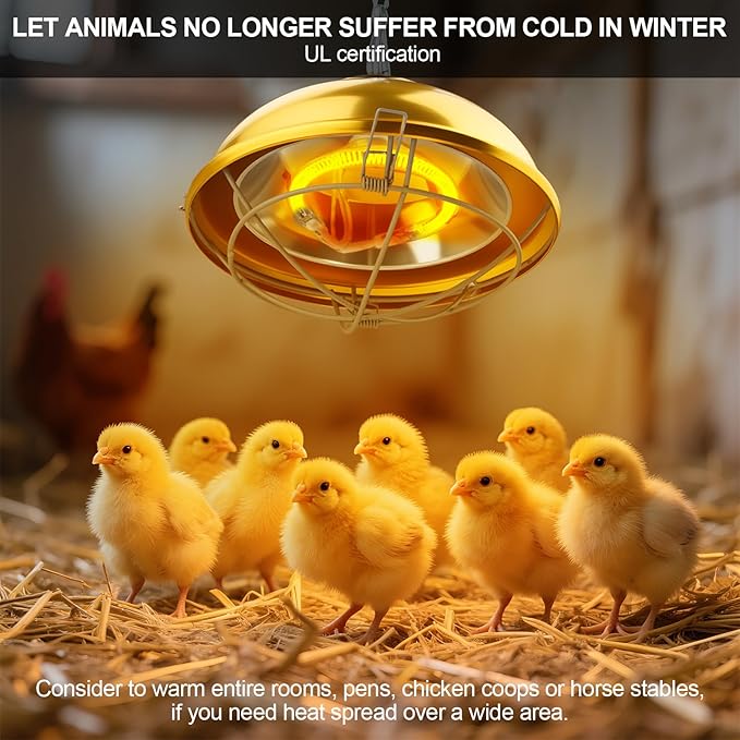 Heat Lamp for Chicken Coop, 300 Watts chicken coop heater with Adjust 2 Mode temperature &Hanging Height,Waterproof,Forlndoor & Outdoor Used,Suitable for Amphibians,Chick, Duck,Pets (round 300W)