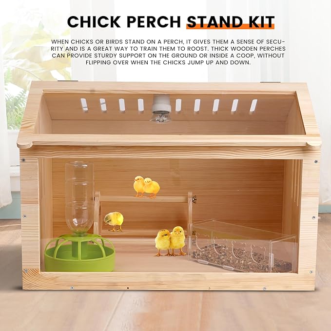 Chicken Feeder and Waterer Kit with Baby Chicken Perches Freestanding Roosting Bar Wooden Chicken Jungle Gym Bar Baby Chick Stand Training Perch Chicken Toys Chick Perch for Brooder Coop Hens