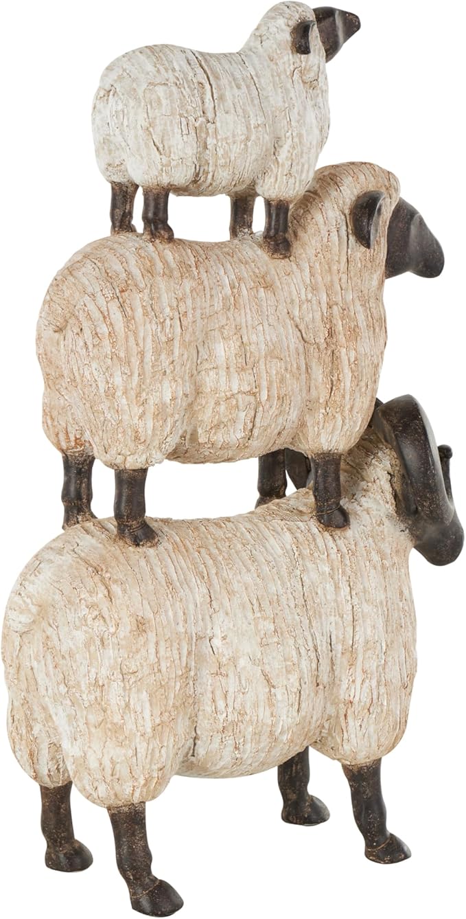 Deco 79 Polystone Sheep Stacked Sculpture with Black Accents, 9" x 4" x 15", Cream