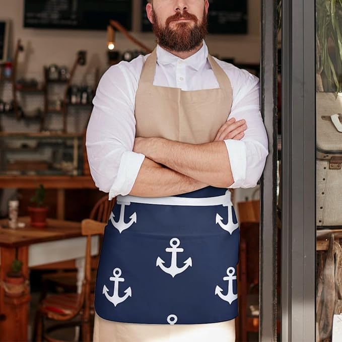 Unisex Apron for Cooking Server Waitress Half Waist Apron with 3 Pockets