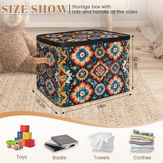 Retro Boho Ethnic Storage Bins with Zipper Lid Fabric Storage Containers for Clothes Collapsible Closet Storage Basket with Metal Frame 2 Pack