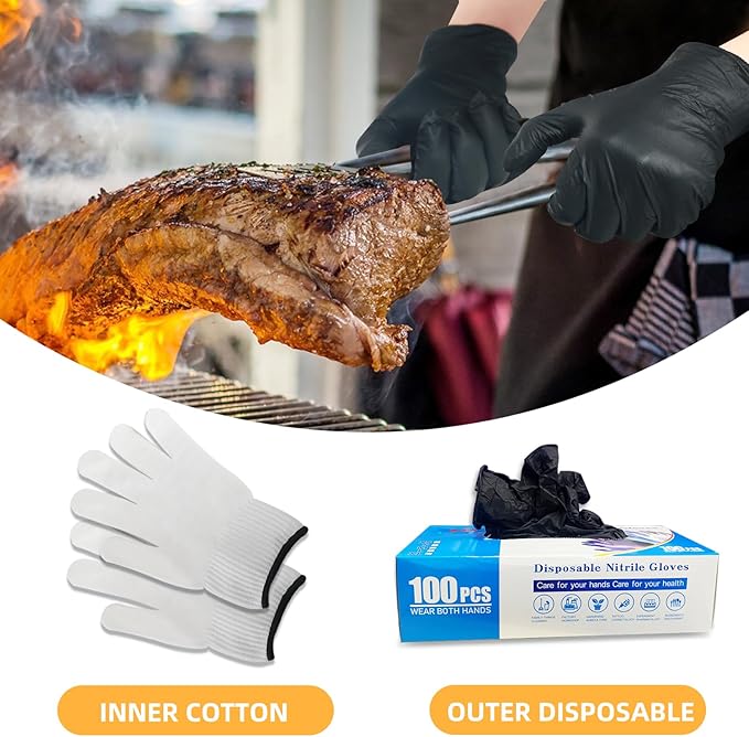 GEEKHOM Disposable Nitrile Gloves 100 Pcs: with 2 Cotton Liners, Food Grade Heat Resistant for BBQ Smoker & Cooking