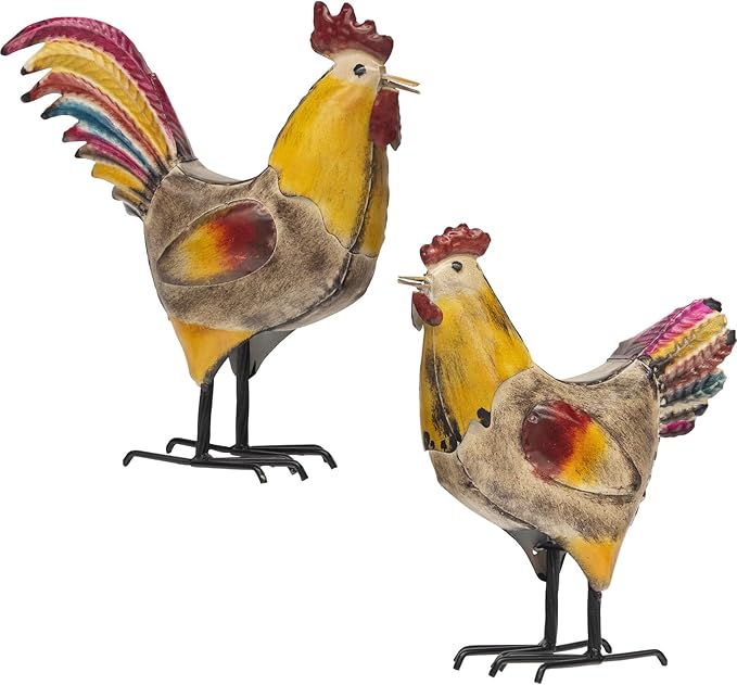 MODE HOME Set of 2 Rustic Metal Rooster & Hen Figurines, Hand-Painted Farmhouse Chicken Decor, Waterproof Indoor Outdoor Yard Garden Statues for Kitchen, Patio & Home Decor