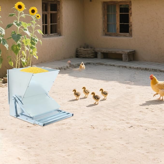 Automatic Chicken Feeder, 11LB Step-On Poultry Feeder for Hens and Ducks, Galvanized Steel Outdoor Chicken Feed Dispenser with Lid, Metal Chicken Feed Box for Coop or Farm