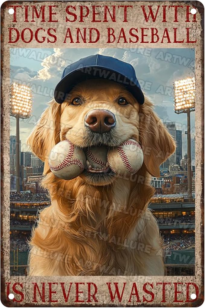 Baseball Fan Cave Wall Art Metal Tin Sign with Dogs Vintage Retro Plaque Rustic Decor for Sports Bar Game Room Basement 8x12inch