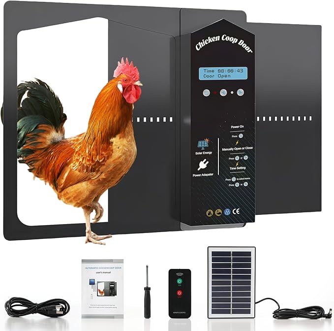 Automatic Chicken Coop Door Solar Powered with LCD Display, Large Aluminum Alloy Chicken Door with Safety Anti-Pinch, 3 Power Supply Modes, Remote Control, Adaptable to a Variety of Harsh Environments