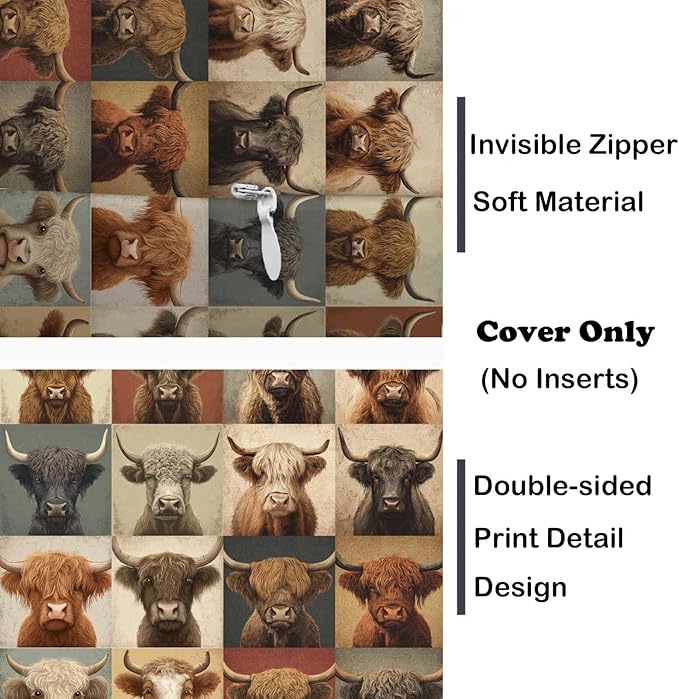 Highland Cow Patchwork Print Throw Pillow Covers 18x18 Inch, Set of 2 | Western Farmhouse Square Cushion Cases for Couch & Living Room | Rustic Country Home Decor, Decorative Pillowcases
