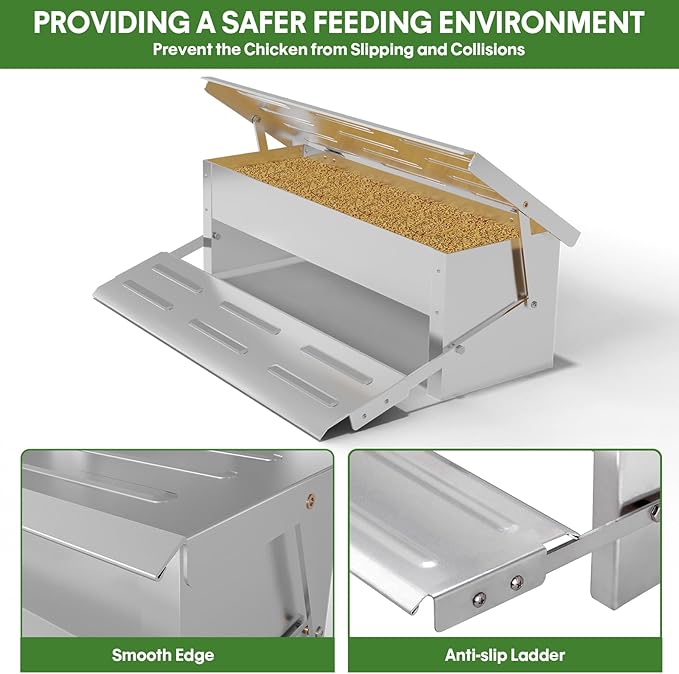 Stainless Steel Automatic Chicken Feeder, Treadle Chicken Feeder with Weatherproof Lid, No Waste Chicken Feeder, 15 lbs Poultry Feeder, for Chickens, Ducks, Fowl