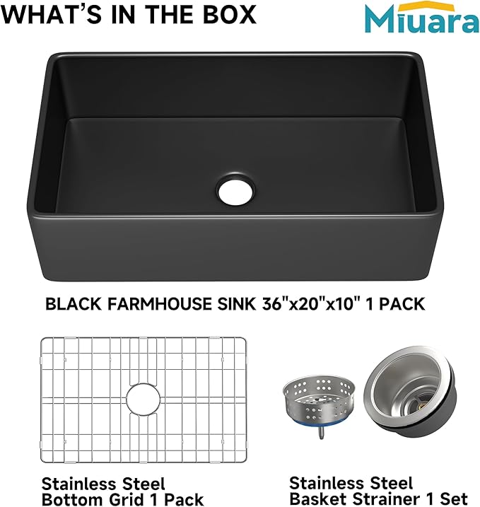 Miuara Black Farmhouse Sink 36 Inch - Extra Large Apron Front Undermount Kitchen Sink Reversible 36"x20"x10", Farm House Style Deep Single Bowl, Heavy Duty Solid Fireclay, Matte Black, for Kitchen