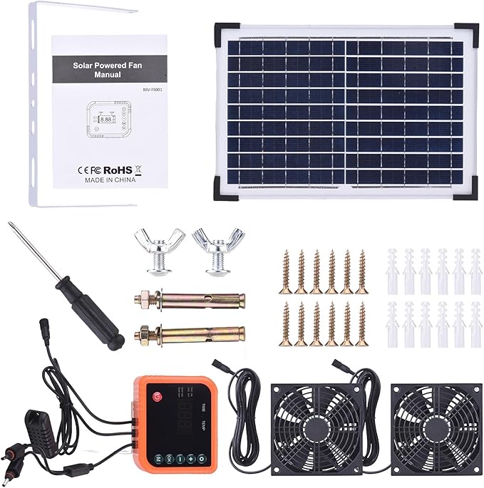 Solar Pet House Exhaust Fan with Dual Fans, Rechargeable 10W Solar Panel, Battery Backup, and Timer Function for Greenhouses and Chicken Coops - Efficient Air Circulation,