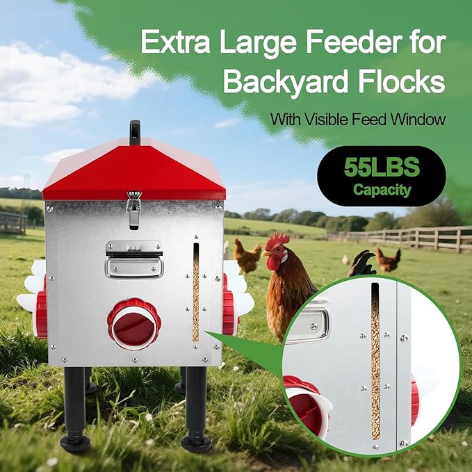 Large Automatic Chicken Feeder, 55LBS Chicken Feed Dispenser with Lid, 8 Feeding Ports, Adjustable Legs, Rodent Free, Waterproof Outdoor Metal Poultry Feeder