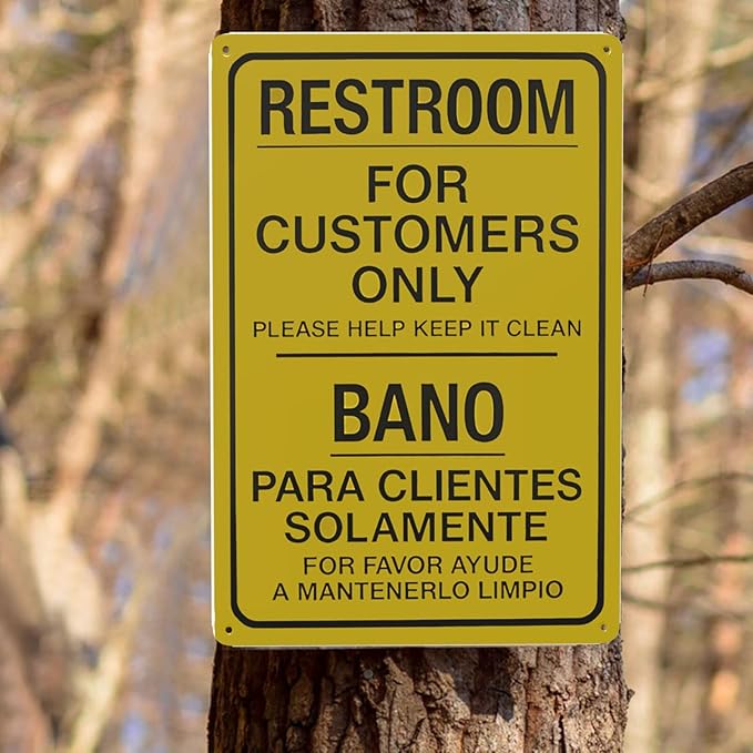 Restroom For Customers Only Please Help Keep It Clean Bilingual Metal Warning Sign, Caution Security Poster for Road Street Home Business Wall Decor Safety Tin Signs 12 x 8 Inches