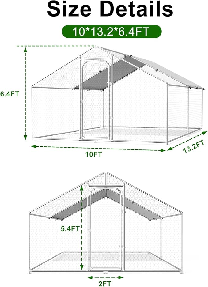 Large Metal Chicken Coop with Weatherproof Cover and Multi-Purpose Chicken Run for Chickens, Ducks, Rabbits, Farm and Yard Animal Pen (10’ W x 13.2’ L x 6.4’ H, Spire Roof)