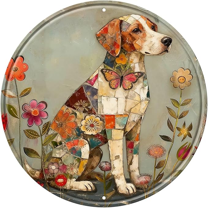 Dog Round Metal Tin Sign Wreath Farm Flowers Rustic Vintage Wall Art Decor for Home Garden Porch Yard Farmhouse Outdoor Decor 8x8inch