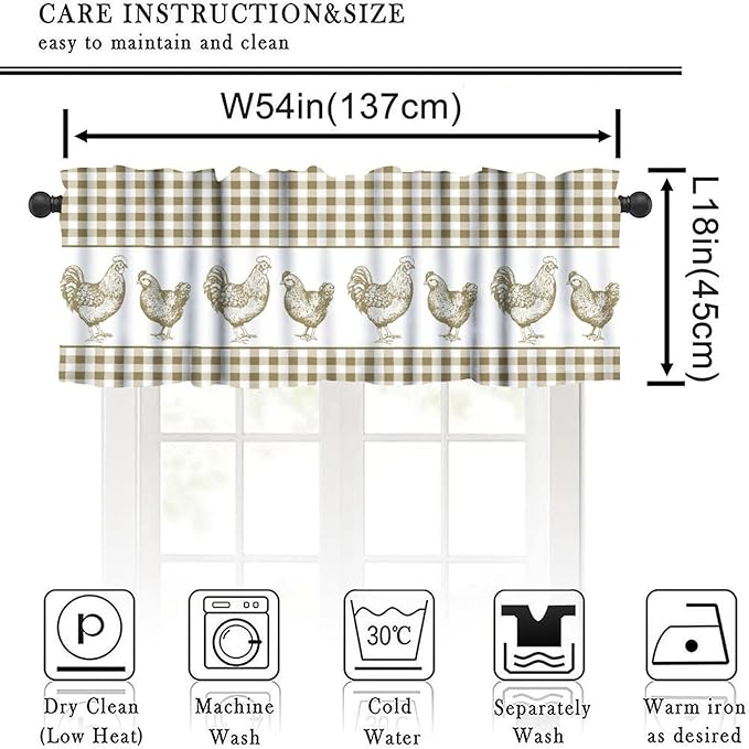 Farm Rooster Valance Curtains Rustic Retro Buffalo Plaid Farmhouse Animals Rod Pocket Curtain Valance for Kitchen Bedroom Living Room Decor 1 Panel W54xL18 Inch