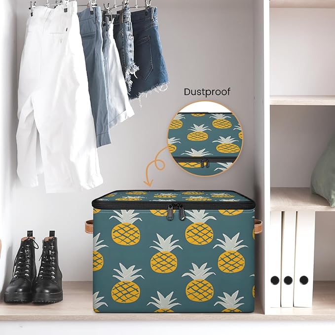 Yellow Pineapple Print Storage Bins With Lids Fabric Collapsible Storage Box with Leather Handles for Home Bedroom Foldable Closet Shelf Organizer