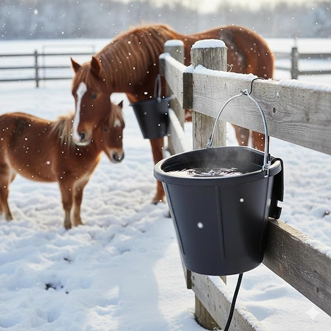 Farm Innovators FB-15R Heated Flat-Back Rubber Bucket, Hanging Water Bucket with Built-in Thermostat and 90W Cord, 18 Quarts