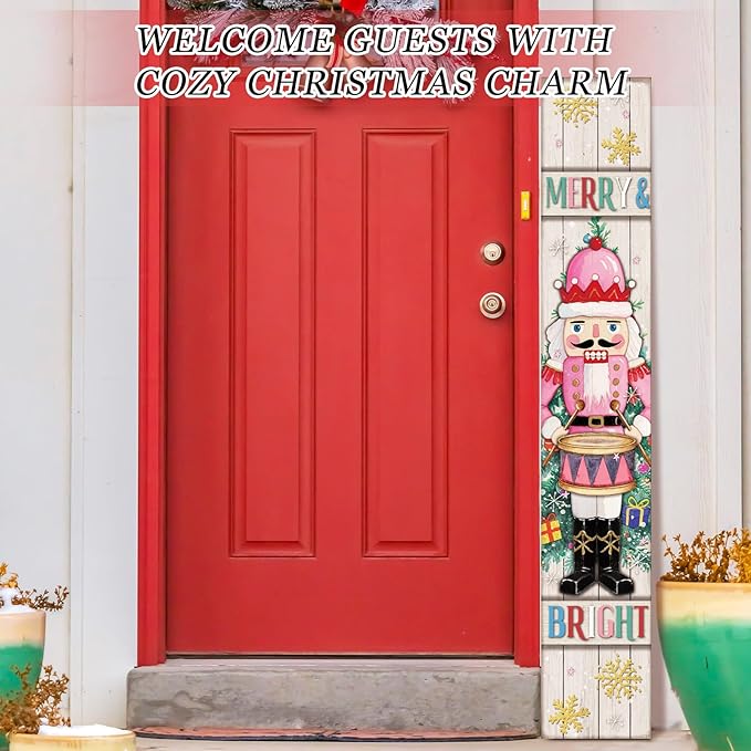 47" Large Nutcracker Christmas Porch Sign Pink Pastel Welcome Sign Christmas Porch Decor Tall Wooden Front Door Decor Gift for Xmas Holiday Farmhouse Outdoor Yard Home Patio Entryway