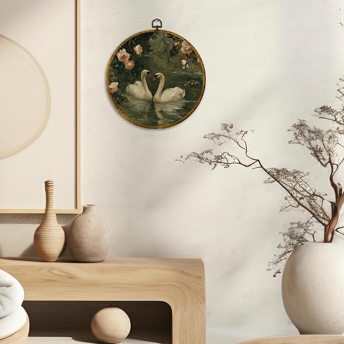 CUANFDDSF Vintage Floral Swan Round Wall Art, Classical Romantic White Swan Framed Hanging Wall Decor, Cottagecore Elegant Animal Canvas Prints Decorations for Home Bedroom Living Room, 10x10 Inch