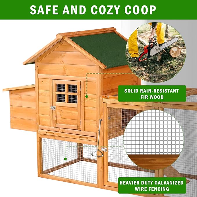 80" Large Chicken Coop, Waterproof Outdoor Hen House for 2-4 Chickens, Wooden Chicken House with Nesting Box, Removable Tray, PVC Cover, Run, for Garden Backyard Cage