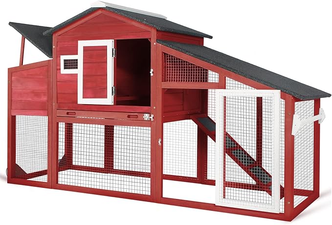 PetsCosset Chicken Coop Wooden Backyard Hen House - Indoor Outdoor for 2-3 Chickens, 2 Story Poultry Cage with Run, Chicken Nesting Box, Pull Out Trays and Anti-Slip Asphalt Ramp
