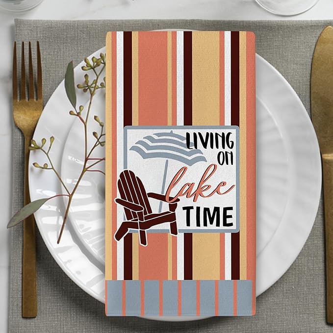 Life is Better at The Lake Kitchen Dish Towels Set of 2, Lakehouse Boat Chair Cabin Drying Hand Towel Baking Cooking Cloth, Farmhouse Stripes Bathroom Home Decoration 18'' x 26''
