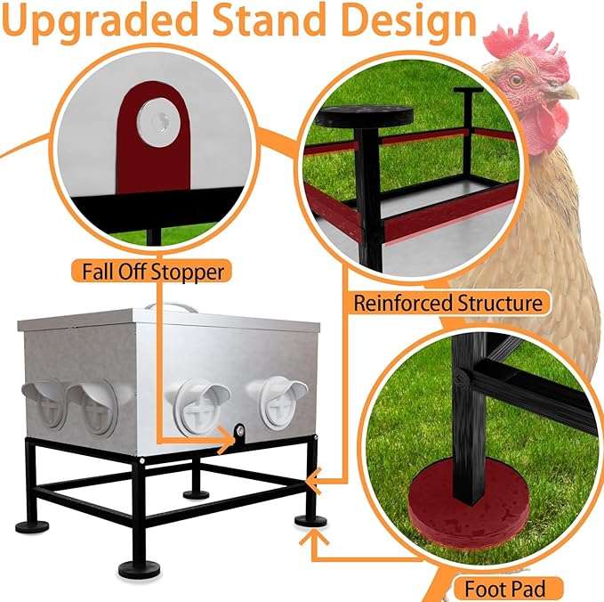 Automatic Chicken Feeder No Waste, 35lb 8 Ports Large Galvanized Metal Chicken Feeders Rodent Proof with Locking Lid and Upgraded Stands for Hen Coop