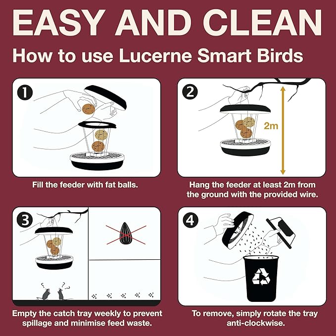SWISSINNO Bird Feeders - No Mess Fat Ball/Suet Feeder for Outdoors Hanging - Smart Birds Lucerne Spill Proof Wild Cardinal Bird Feeder with Integrated Seed Catcher Tray - Burgundy
