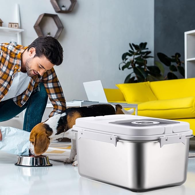 Honeydak 14.76 x 10.4 x 7.28 Inches Stainless Steel Dog Food Storage Container with Silicone Airtight Lid with Scoop Metal Pet Dog Cat Food Storage Container Keep Fresh Easy to Clean