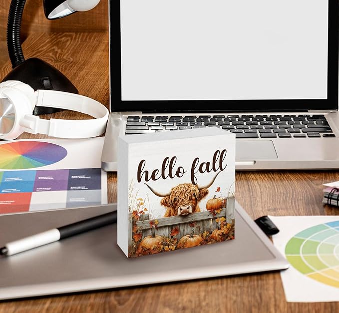 Fall Highland Cow Sign - Fall Farmhouse Highland Cow Decor Decorations Gifts For Home Office,Rustic Farm Hello Autumn Pumpkin Maple Leaf Home Decor Signs