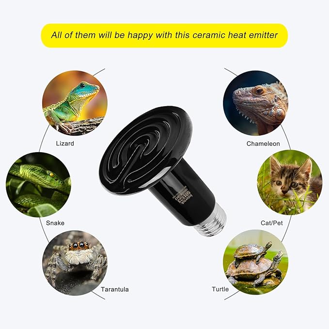 2 Pack 75W Black Ceramic Heat Emitter, Reptile Infrared Heat Lamp Bulb, No Light Emitted, Pet Brooder Coop Heater for Amphibians and Reptiles, Lizard, Turtle, Aquarium, Snake