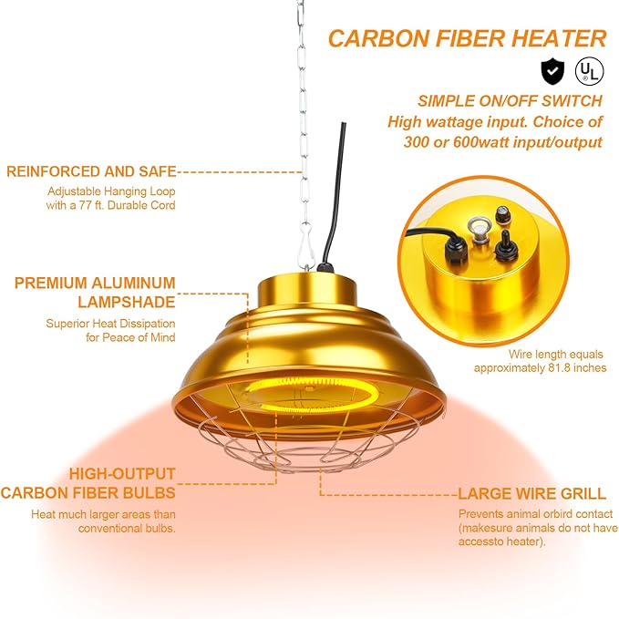Heat Lamp for Chicken Coop, 400 Watts Carbon Fiber Chicken coop Heater, Adjust 2 Mode Temp&Hanging Height, Waterproof,Indoor & Outdoor Heater,For Cow,Sheep,Livestock (（round 600W)