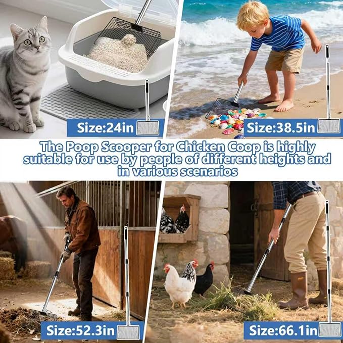 Chicken Poop Scooper for Sand, 15-Inch Large Adjustable Metal Chicken Poop Scooper, Chicken Manure Scoop is Suitable for Cleaning Chicken Coops, Stables, Cat Litter Boxes, Pastures