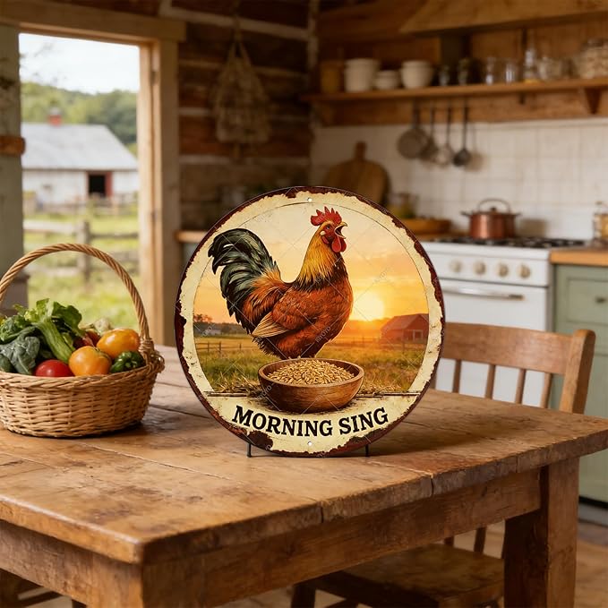 Chicken Signs Rooster Kitchen Round Wall Decor Morning Sing Metal Tin Sign Funny Chicken Coop Accessories Rooster Decor Home Garden Farm Yard Office 8 Inch