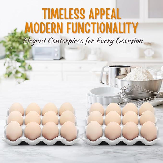 Flexzion 12 Cups Ceramic Egg Holder for Fridge - Dozen Ceramic Egg Tray Porcelain Container Storage Organizer Decorative Serving Stand Serveware for Refrigerator Countertop Display (White, 2 Pack)
