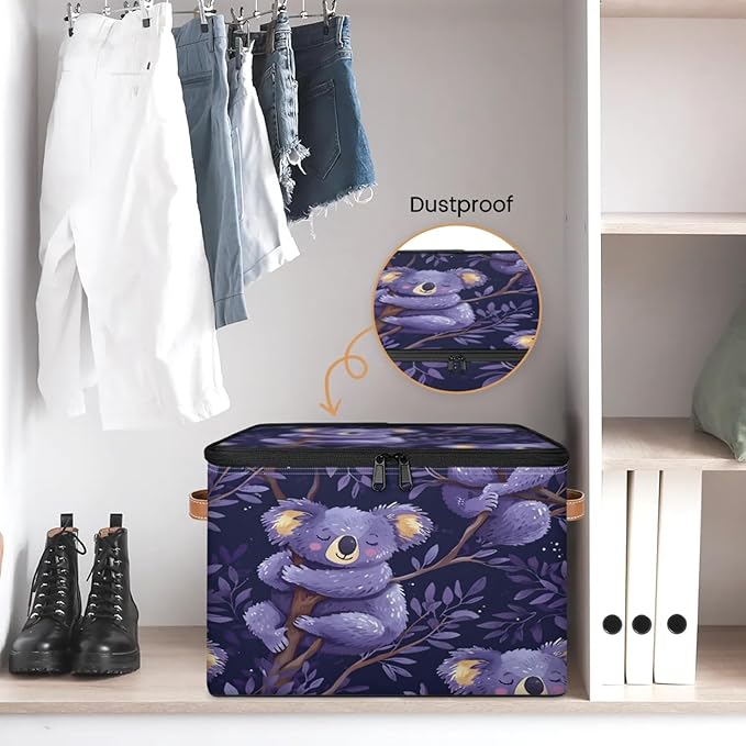 Storage Cubes with Lid Fabric Storage Bins Boxes PU Leather Handles, Cute Koalas Closet Organizer Container Foldable Washable Shelf Cloth Basket, Cartoon Koala