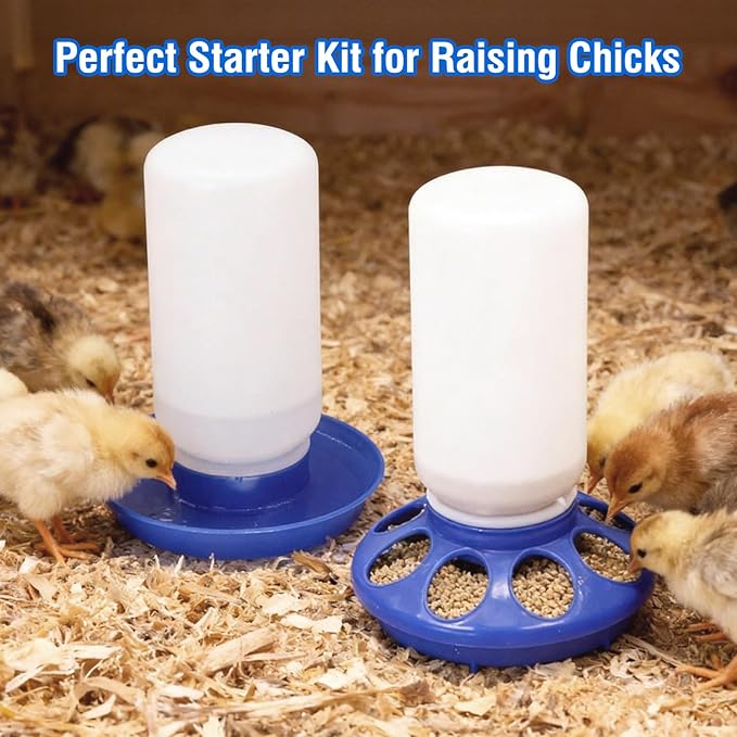 Chick Feeder and Waterer Set No Waste Automatic Chicken Feeder and 1L Waterer for Baby Chicks, Ducks, and Quail – Brooder Starter Kit (Blue)