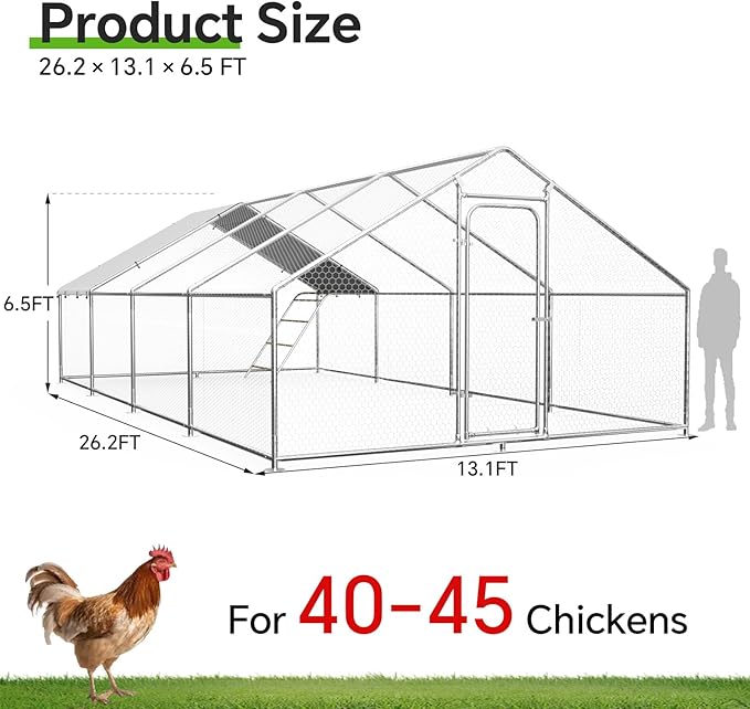Large Metal Chicken Coop Run with Roosting Perch– Outdoor Waterproof & UV-Resistant Cover for Chickens, Ducks, Rabbits, and Hens in Yard or Farm Use Spire Roof(13.1'Wx26.2'Lx 6.5'H)