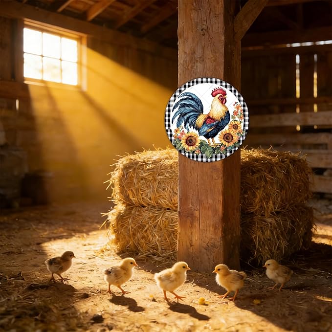 Round Metal Tin Sign Rustic Wall Decor Plaque Rooster Chicken Farm Animal Wreath Sign,Suitable for Home Garden Kitchen Bar Cafe Restaurant Garage Wall Decor Retro Vintage 12 Inch