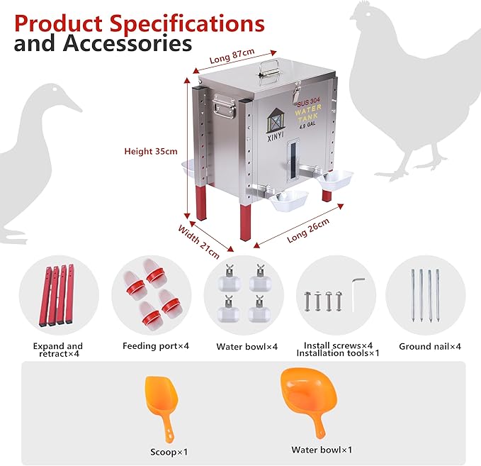 Xinyi 40 lb Stainless Steels Automatic Chicken Waterer, Pet Water Feeder, 4 Aluminum Alloy Water Cups, Remaining Water Quantity Observation Window, Poultry Drinker for Ducks, Goose 4.9 Gallon