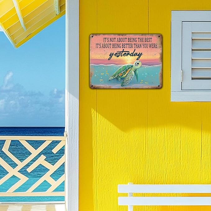 Sea Turtle Wall Art Decor Sea Turtle Metal Sign Poster It's Not About Being The Best Sign Funny Bathroom Ocean Sign Home Man Cave Beach Theme Wall Decor 12x8 Inch