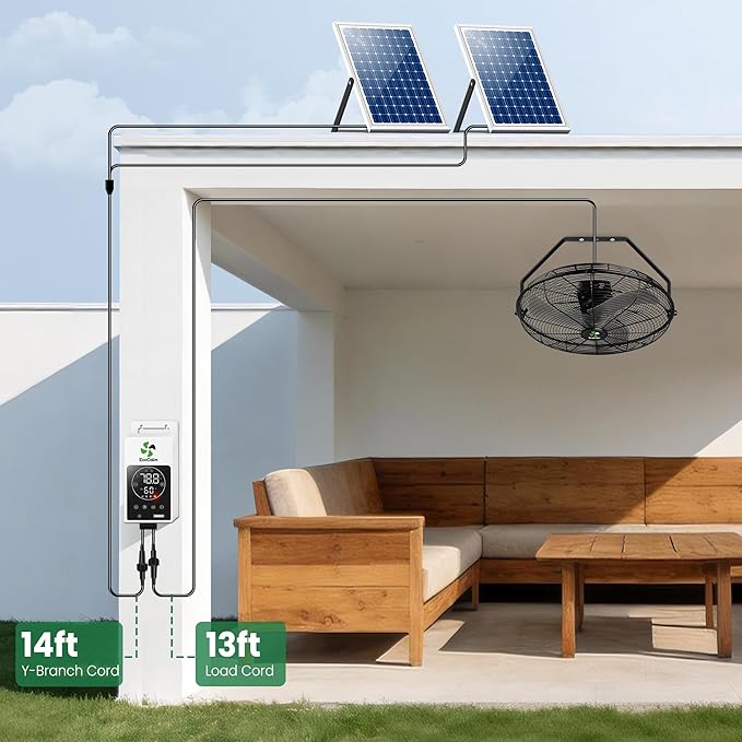 Solar Fan Wall Mount Waterproof, Metal Solar Powered Fan with Battery & Adjustable Thermostat, 18" Heavy Duty Outdoor Fans for Patios 3 Speeds, 180° Tilt